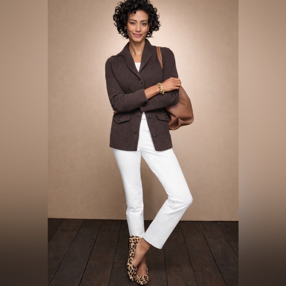 Talbots Petite P Brown Ribbed Shawl Collar Cardigan Sweater